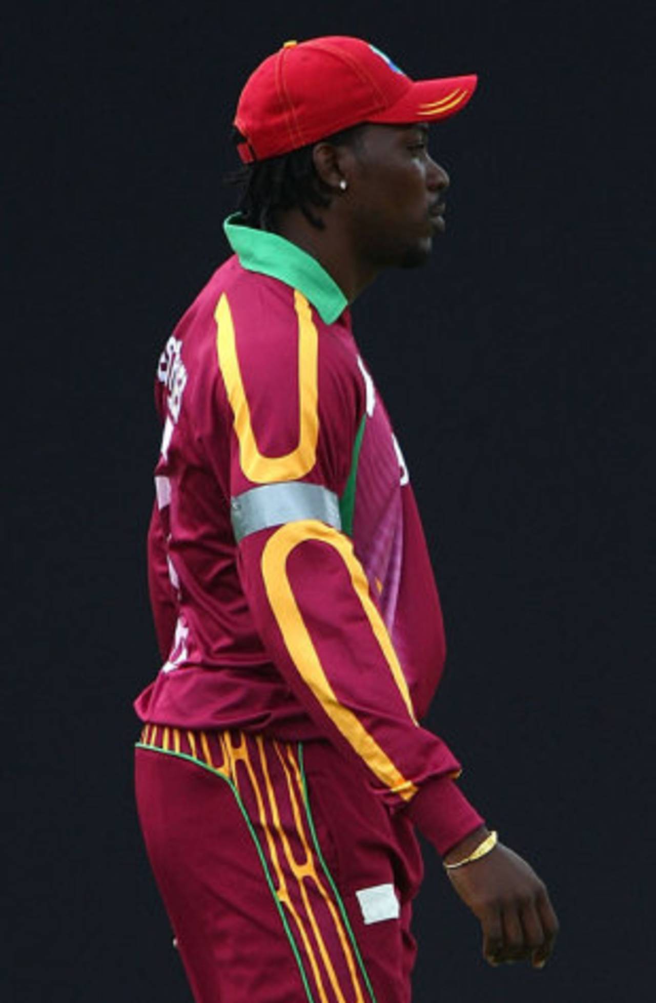 Chris Gayle with the logo on his shirt blocked out by tape at the start of the Guyana ODI&nbsp;&nbsp;&bull;&nbsp;&nbsp;Getty Images
