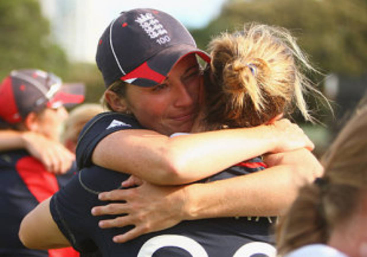 An emotional Charlotte Edwards hugs a team-mate, England v New Zealand, women's World Cup final, Sydney, March 22, 2009