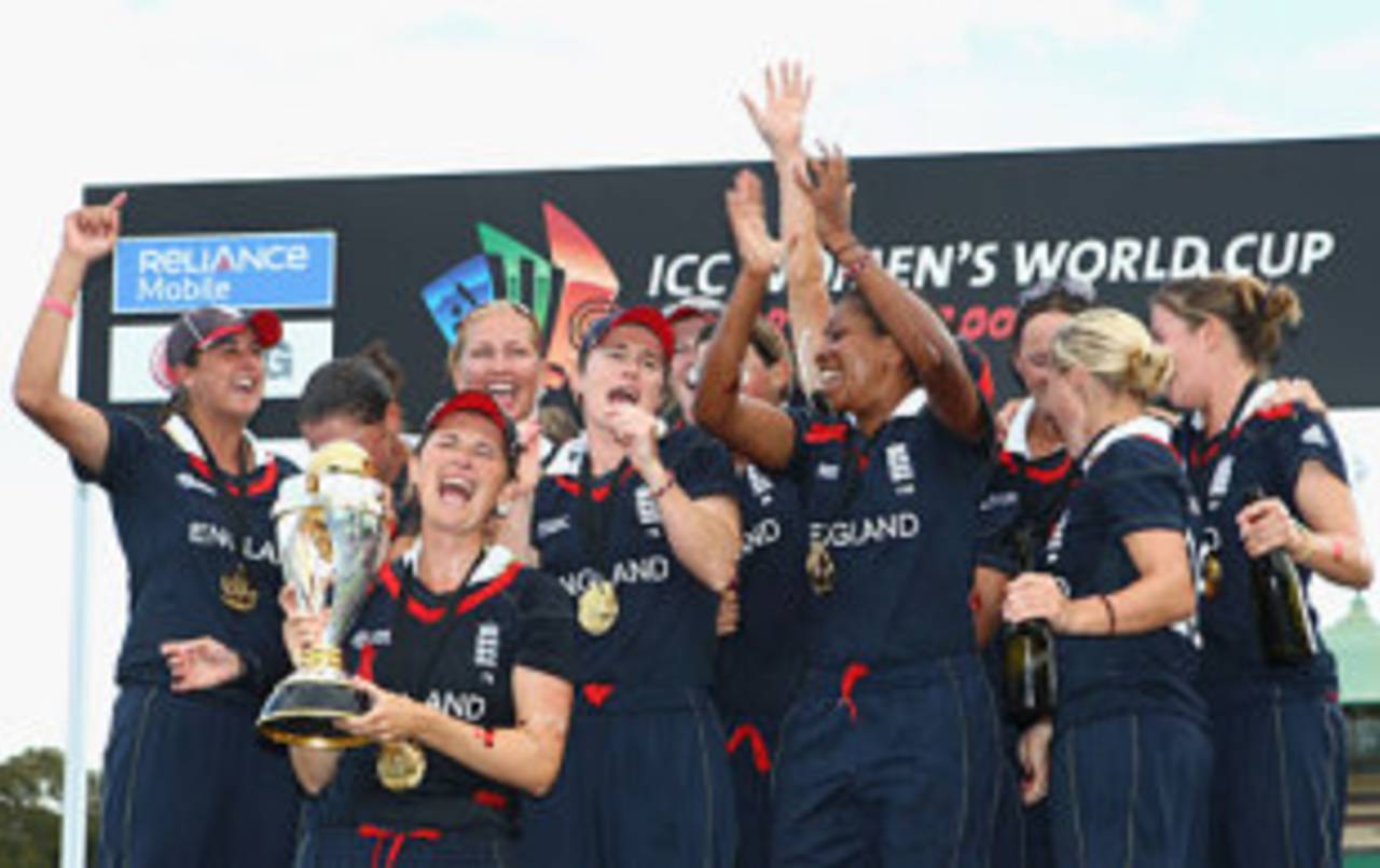 The England squad on the podium with the trophy, England v New Zealand, women's World Cup final, Sydney, March 22, 2009