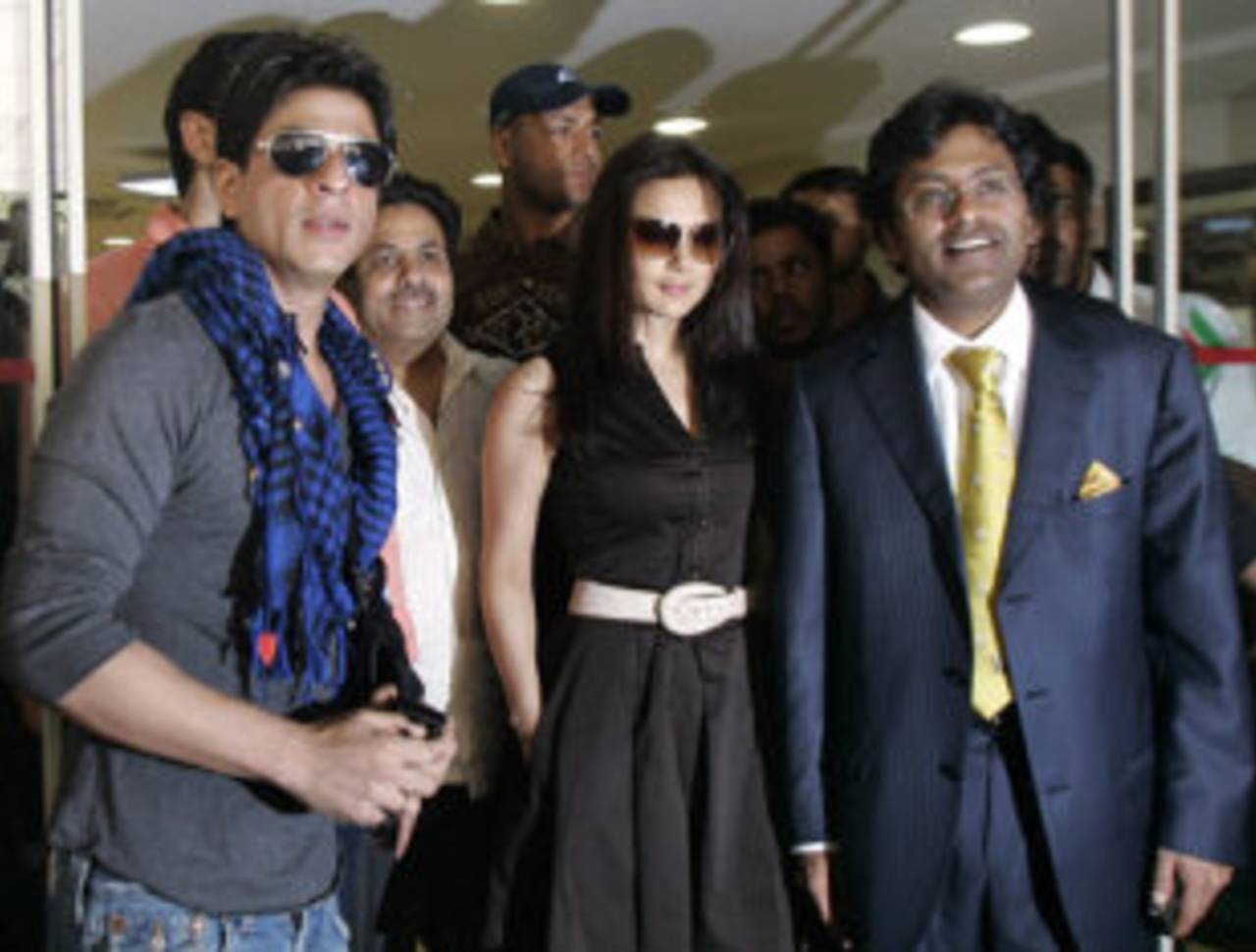 Shah Rukh Khan, Preity Zinta and Lalit Modi after an emergency IPL meeting, Mumbai, March 22, 2009