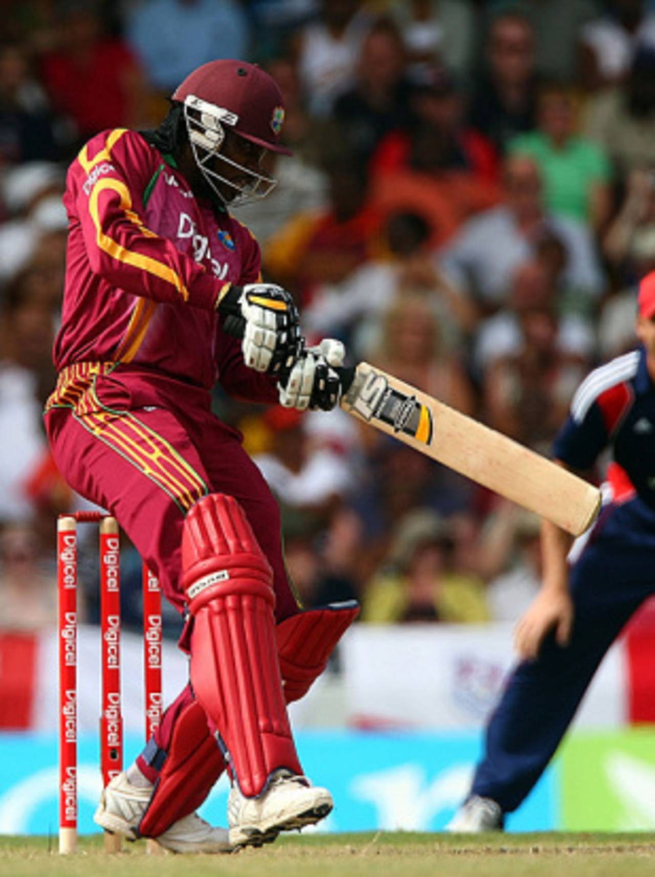 Chris Gayle rocks back to cut, West Indies v England, 3rd ODI, Bridgetown, March 27, 2009
