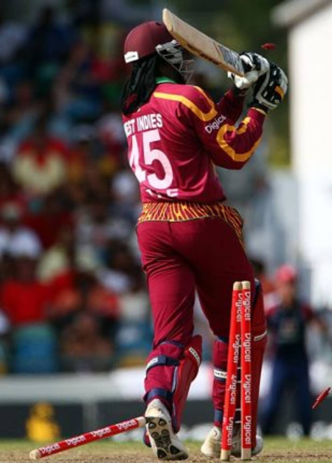 Chris Gayle is bowled, West Indies v England, 3rd ODI, Bridgetown, March 27, 2009