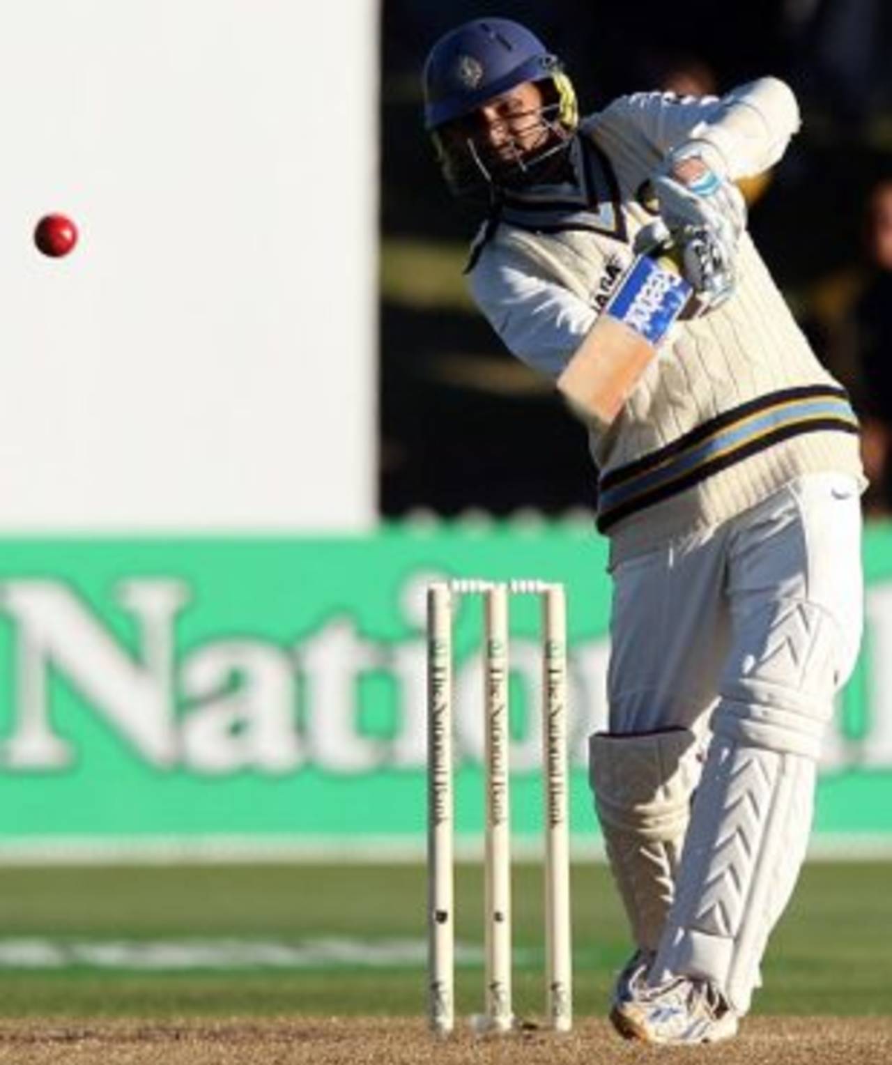 Harbhajan Singh hits on the up, New Zealand v India, 3rd Test, Wellington, 1st day, April 3, 2009