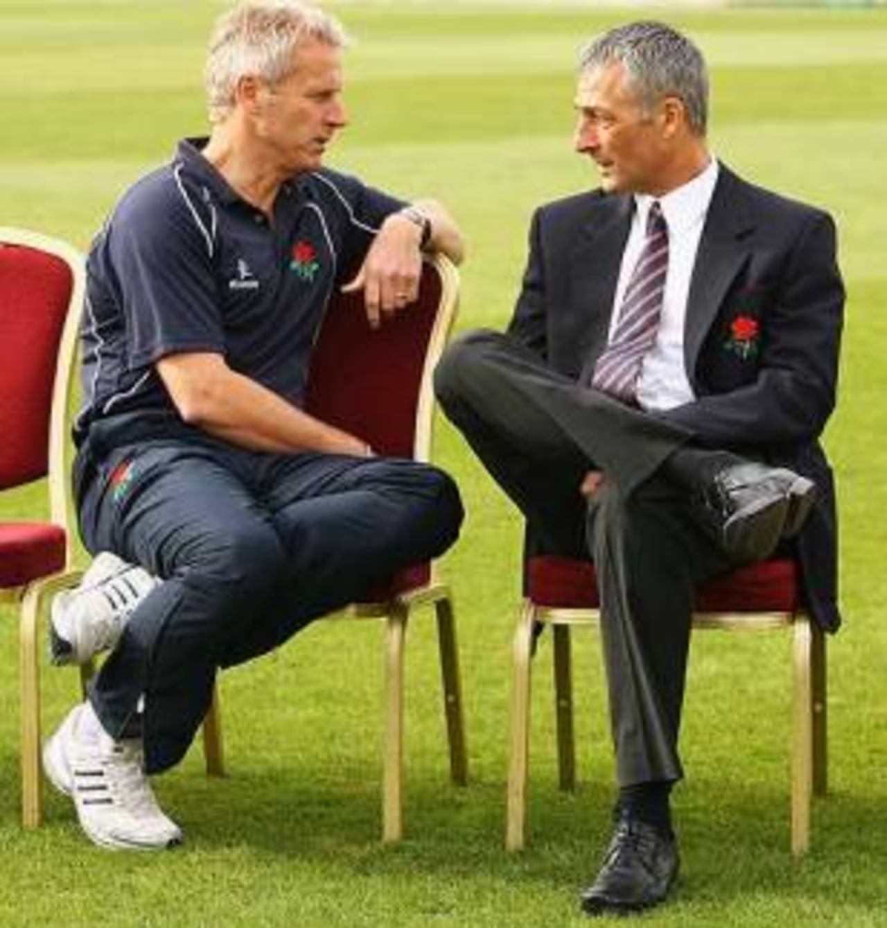 Peter Moores and Mike Watkinson in discussion at Old Trafford, Manchester, April 6, 2009