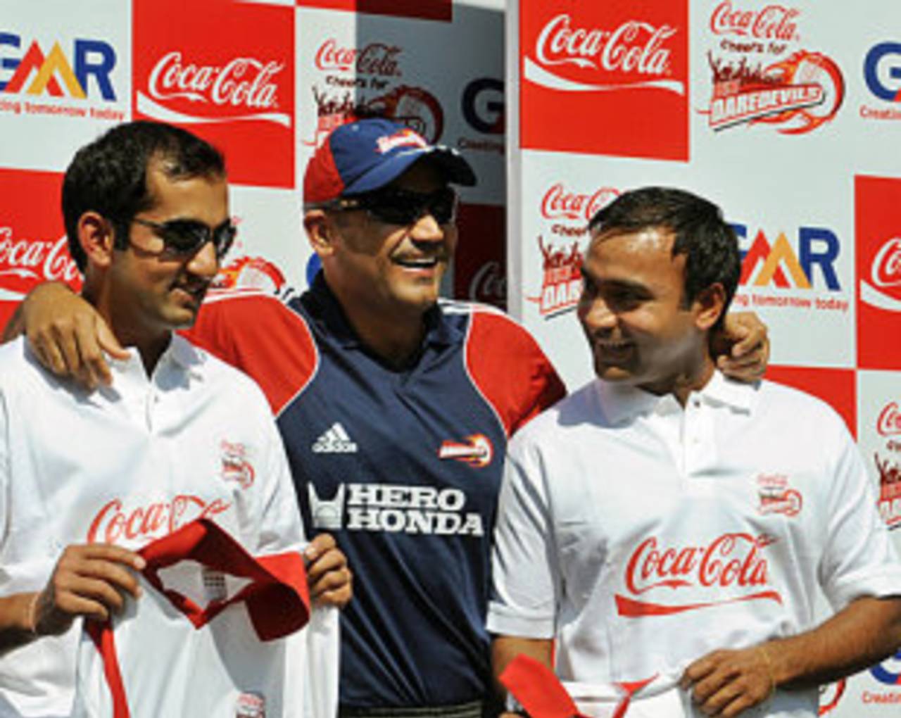 Gautam Gambhir, Virender Sehwag and Amit Mishra at a promotional event, New Delhi, April 11, 2009