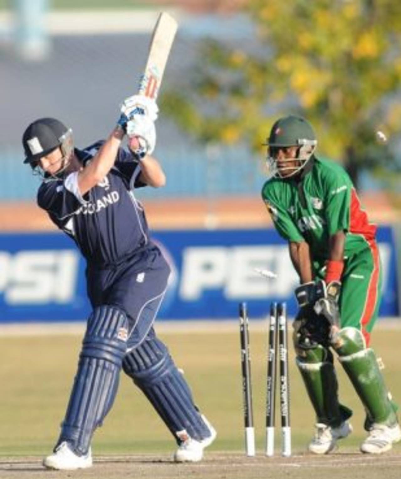 Not a replay he'd like to see: Scotland's John Blain is bowled for 10, Kenya v Scotland, ICC World Cup Qualifiers, Super Eights, Krugersdorp, April 13, 2009