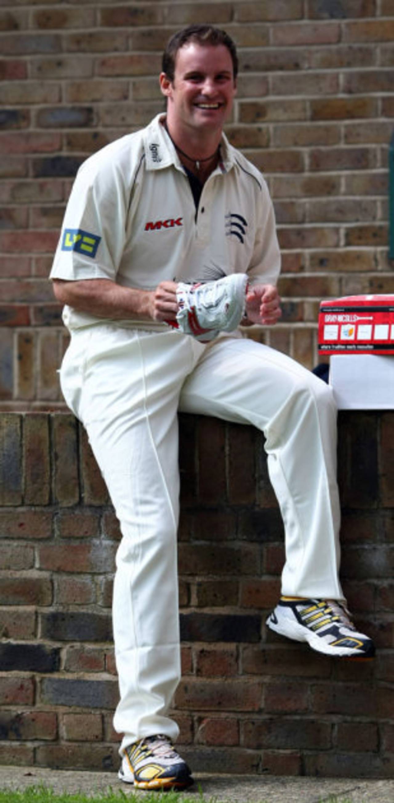 A relaxed Andrew Strauss changes his boots at Middlesex's pre-season media day, Lord's, April 20, 2009