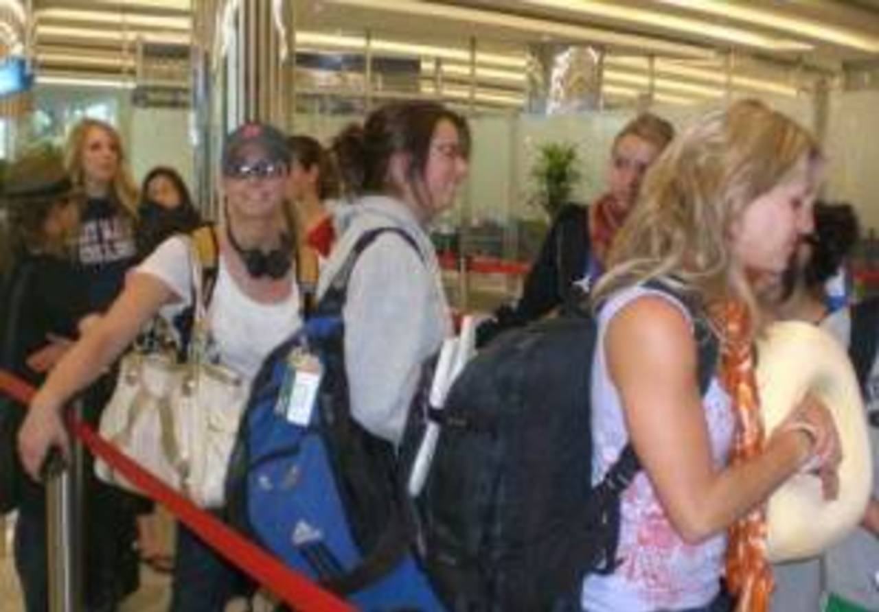 Members of Royal Challengers Bangalore Mischief Gals cheerleader squad at an airport in South Africa