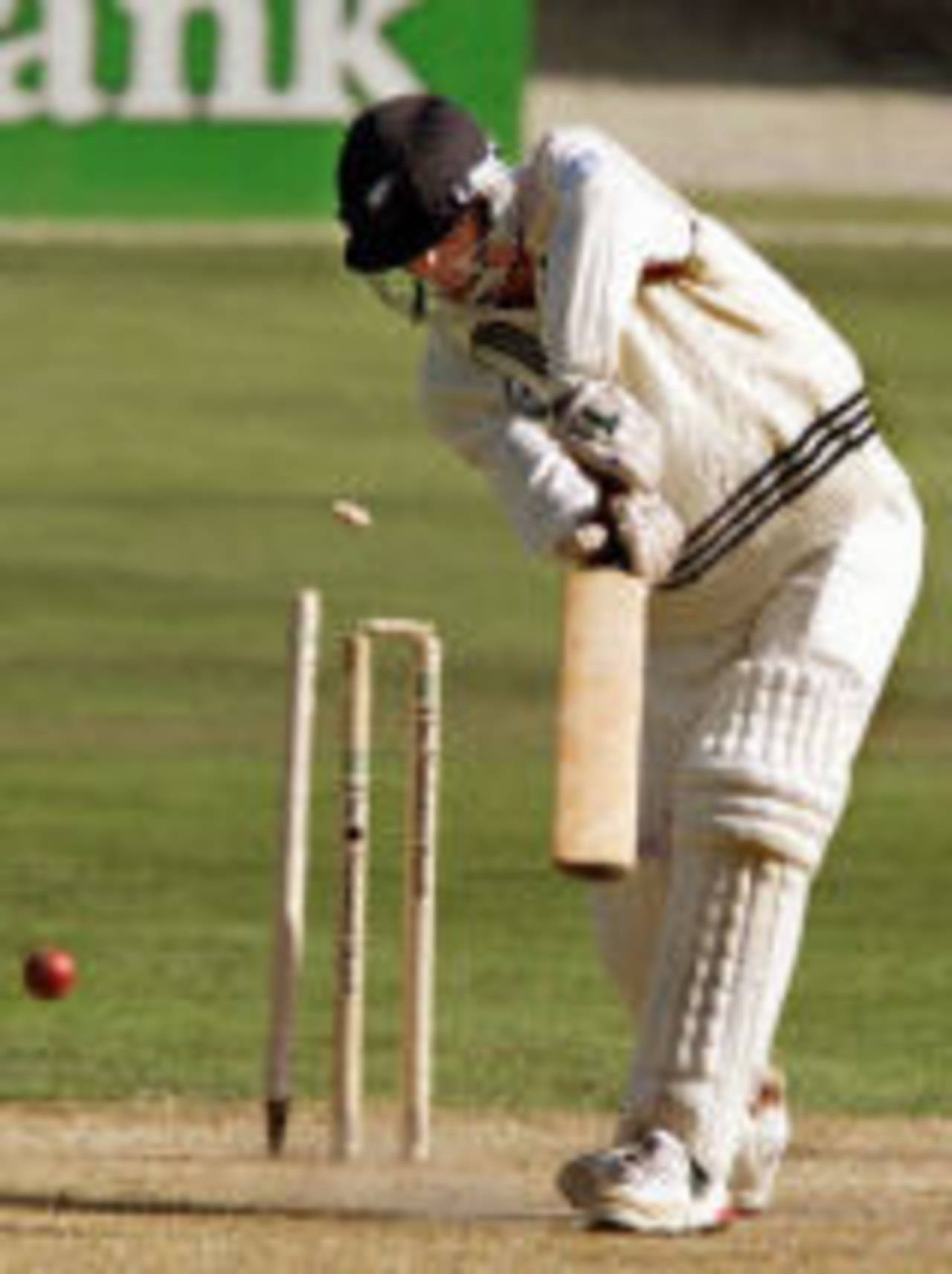 Chris Martin is bowled by Waqar Younis, day 2, 2nd Test at Christchurch, 15-19 March 2001.