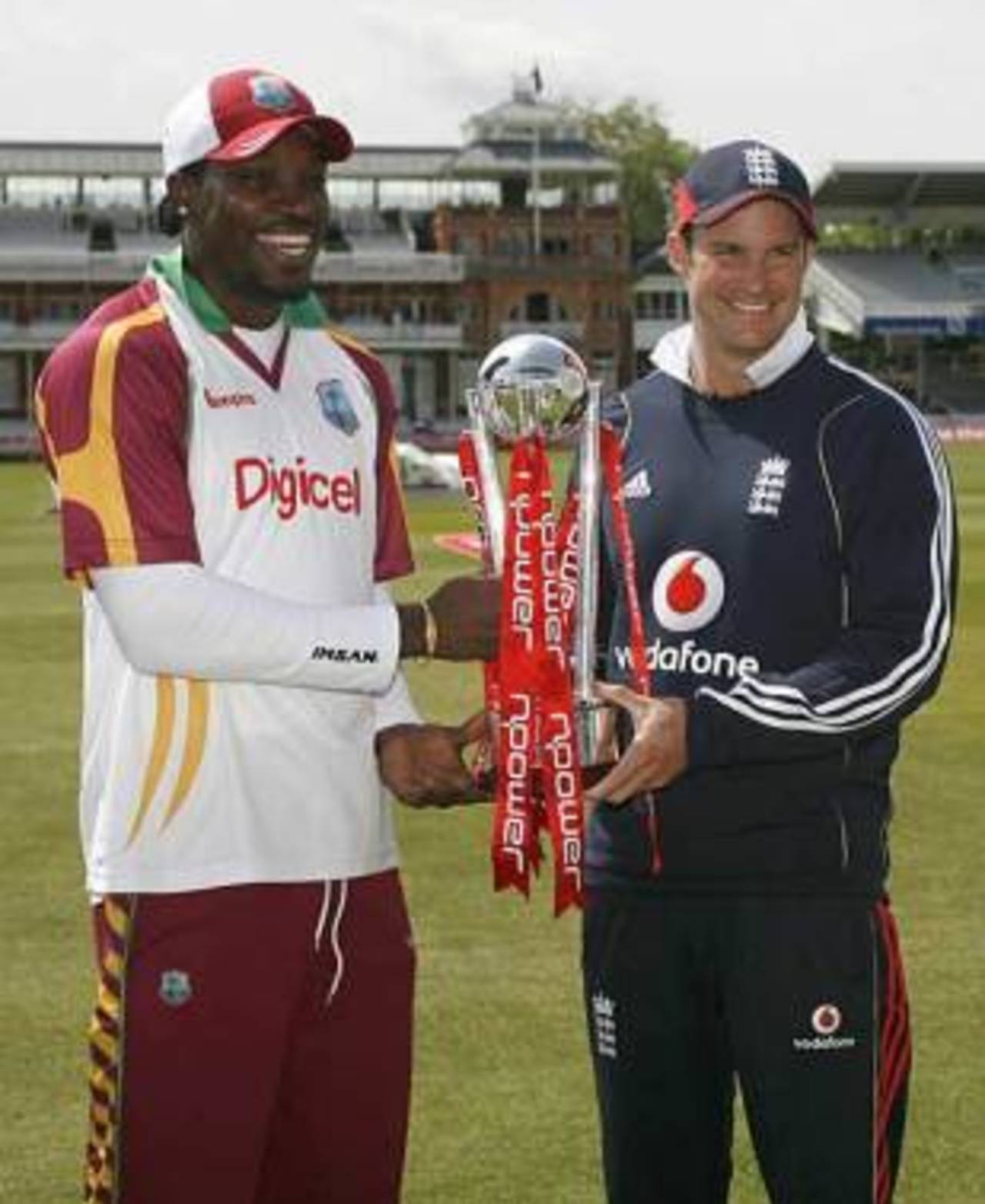 Chris Gayle and Andrew Strauss pose with the series trophy, England v West Indies, 1st Test, Lord's, May 5, 2009