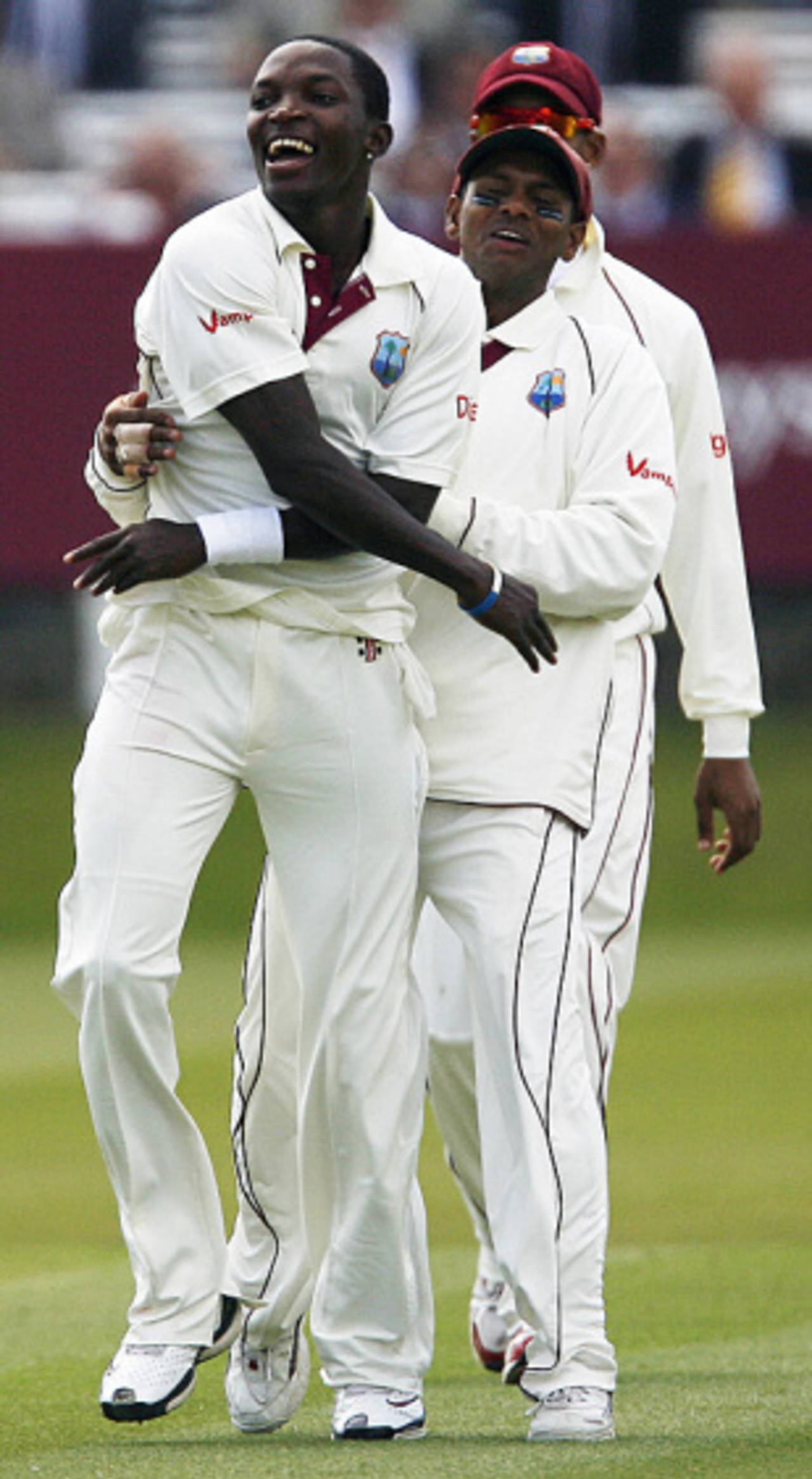 Fidel Edwards is mobbed after removing Kevin Pietersen first ball, England v West Indies, 1st Test, Lord's, May 6, 2009