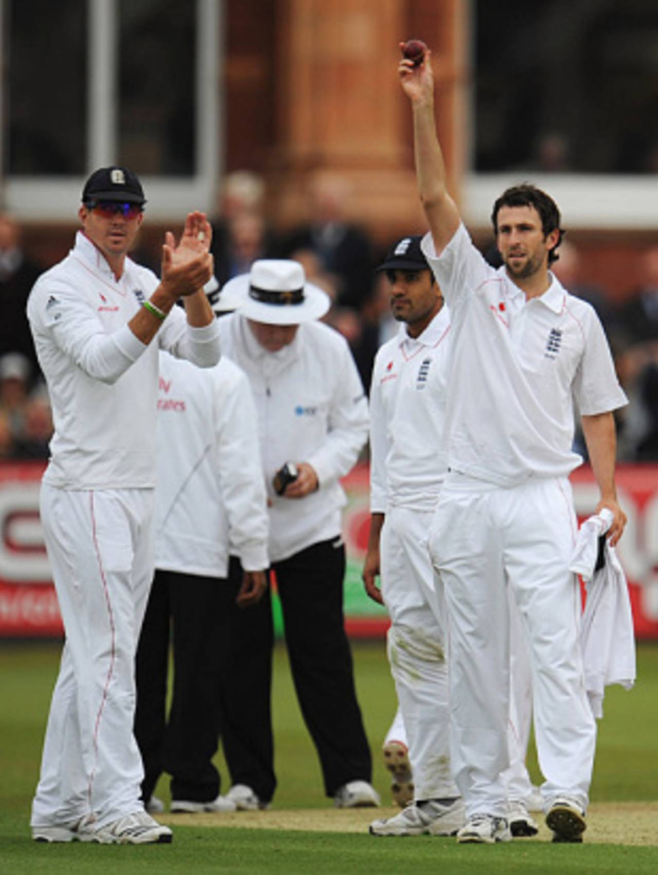 Graham Onions raises the ball to the crowd after picking up five wickets on his Test debut at Lord's, England v West Indies, 1st Test, Lord's, May 7, 2009