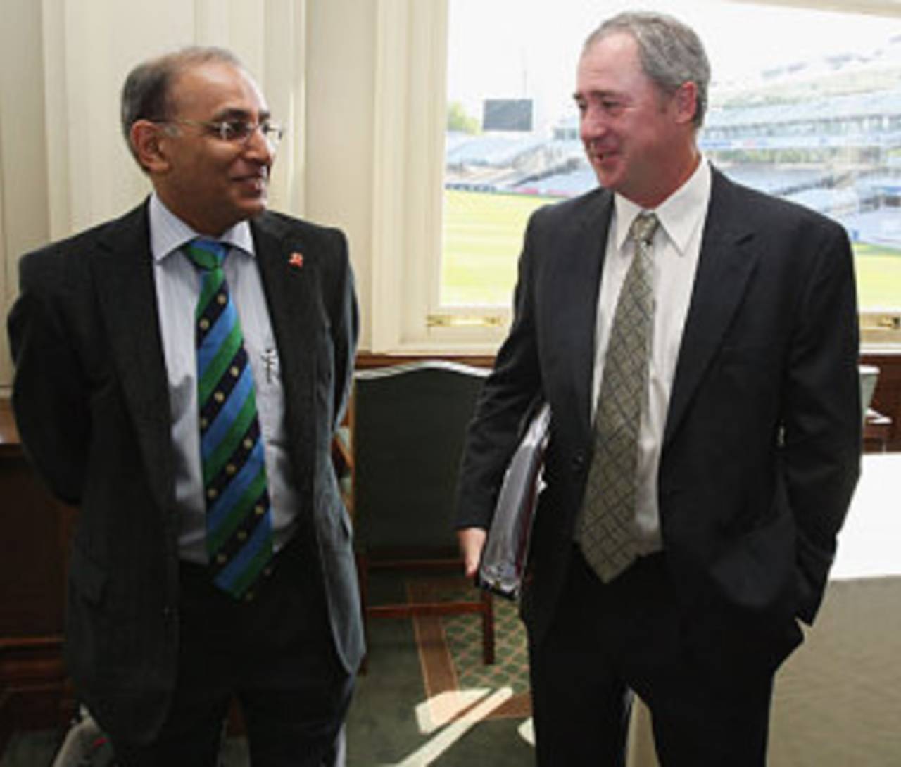 Haroon Lorgat chats with Tim May at the ICC Committee meeting, Lord's, May 11, 2009