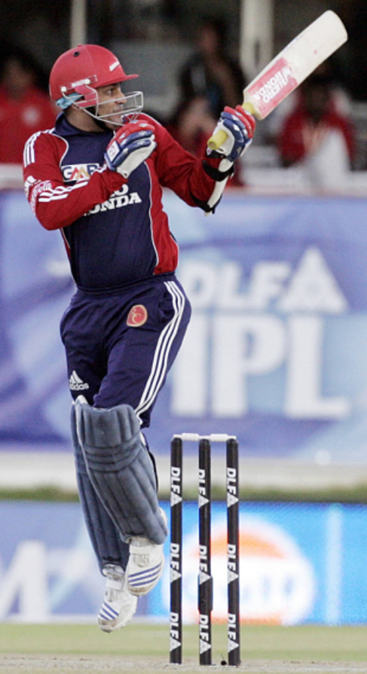 Virender Sehwag in a spot of bother as he turns it towards long leg, Delhi Daredevils v Kings XI Punjab, 46th match, IPL, Bloemfontein, May 15, 2009