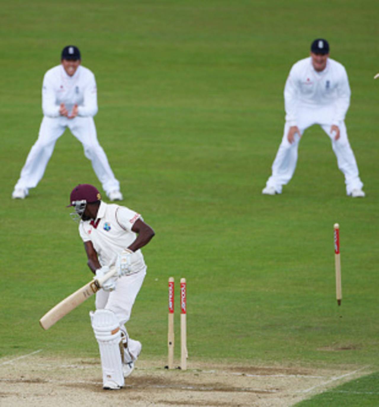 Jerome Taylor's off stump is sent cartwheeling by James Anderson, England v West Indies, 2nd Test, Chester-le-Street, 5th day, May 18, 2009