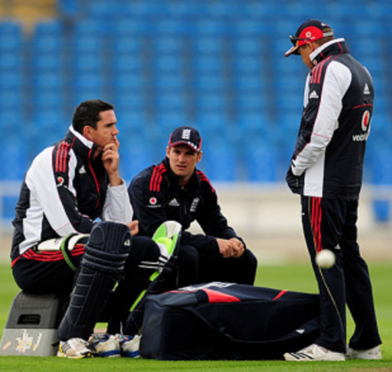 Kevin Pietersen, Andrew Strauss and Andy Flower discuss tactics ahead of the first ODI against West Indies, Headingley, April 20, 2009
