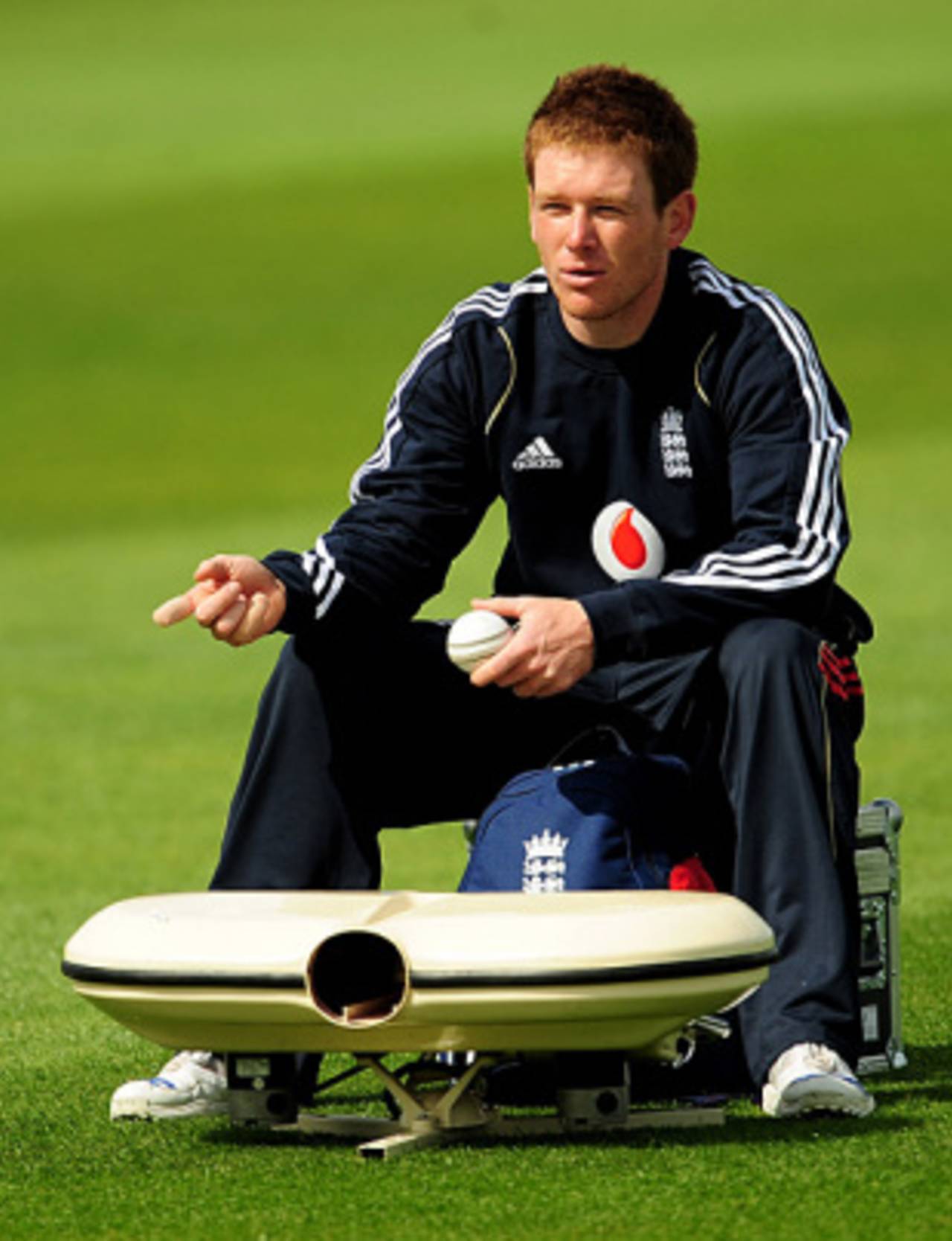 Eoin Morgan feeds balls into the bowling machine as England warm-up for the first ODI against West Indies, Headingley, April 20, 2009