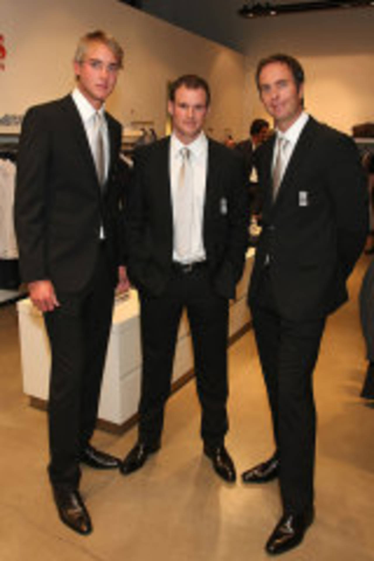 Stuart Broad, Andrew Strauss and Michael Vaughan attend a Hugo Boss pre-Ashes party in London, May 28, 2009