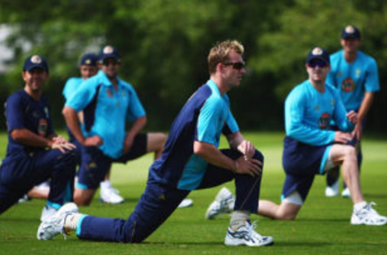 Brett Lee and his team-mates stretch during a training session, Nottingham, May 29, 2009