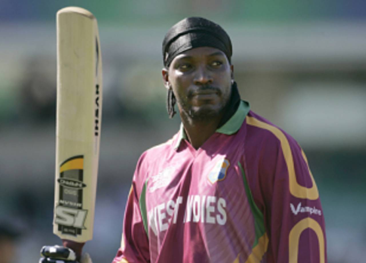 Chris Gayle raises his bat on getting to 50, Ireland v West Indies, ICC World Twenty20 warm-up match, The Oval, June 2, 2009