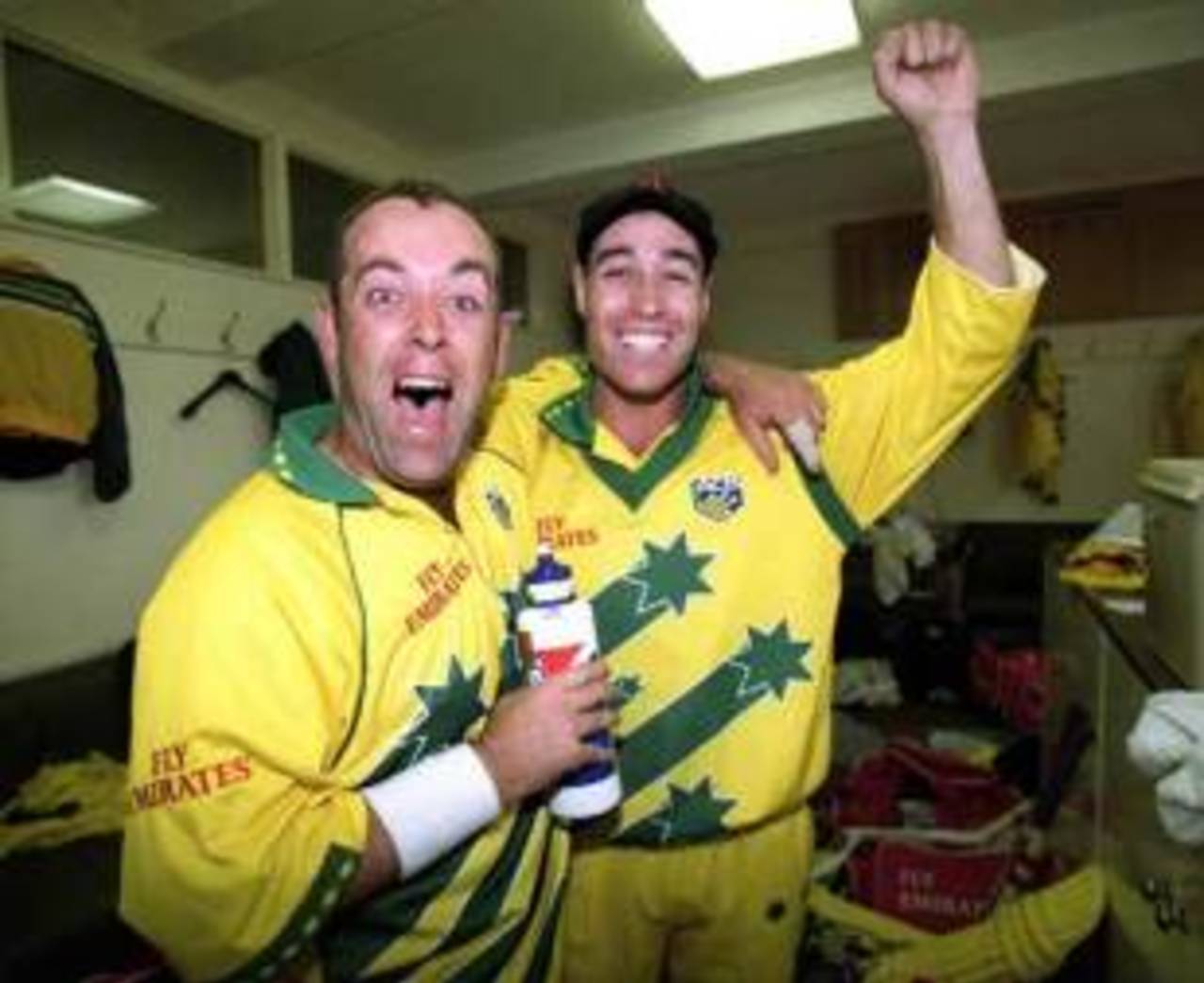 Darren Lehmann and Michael Bevan celebrate Australia's win in the World Cup final, Lord's, London, 20 June 1999
