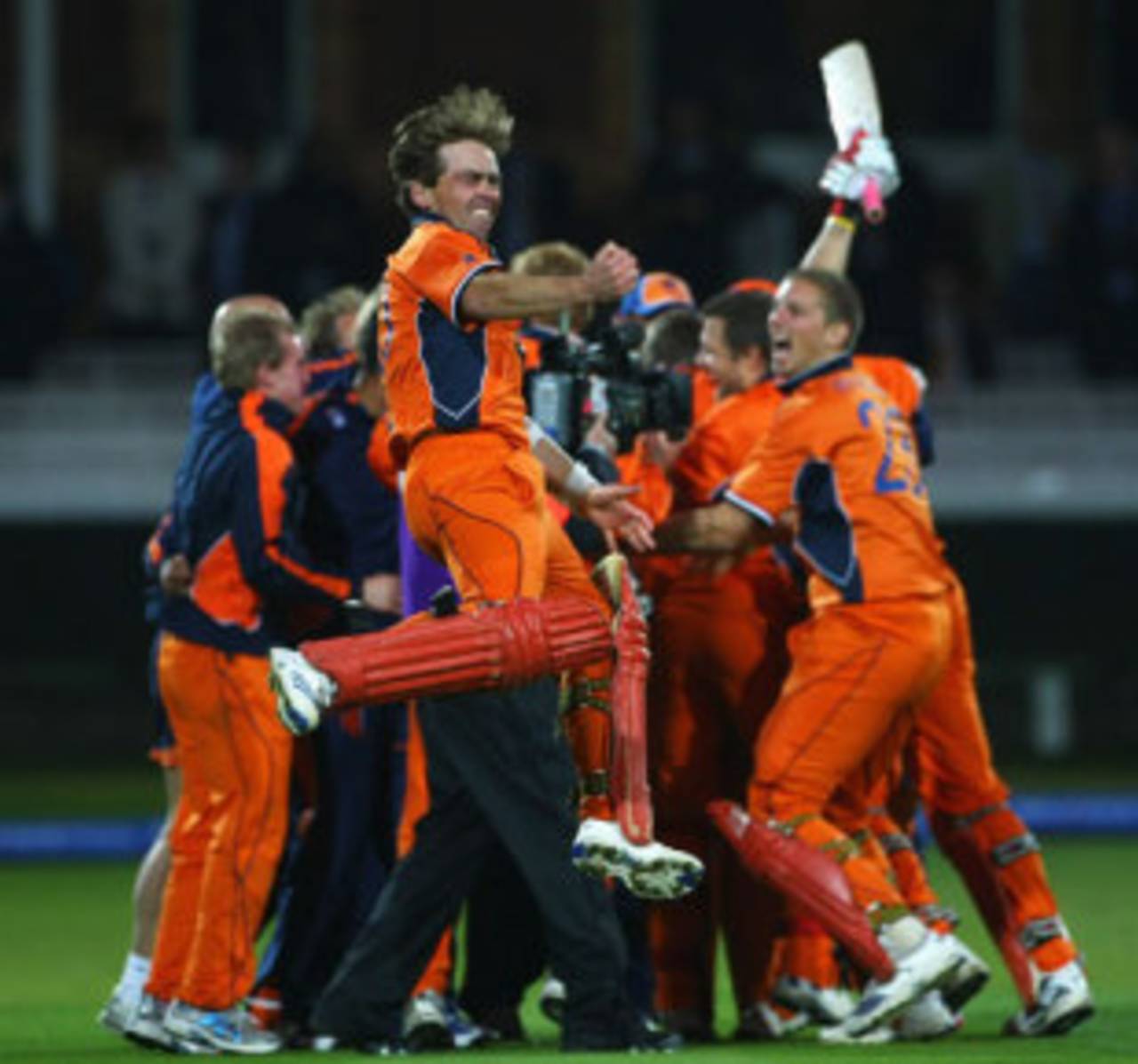 Jeroen Smits leaps for joy as Netherlands celebrate their dramatic last-ball win, England v Netherlands, ICC World Twenty20, Lord's, June 5, 2009
