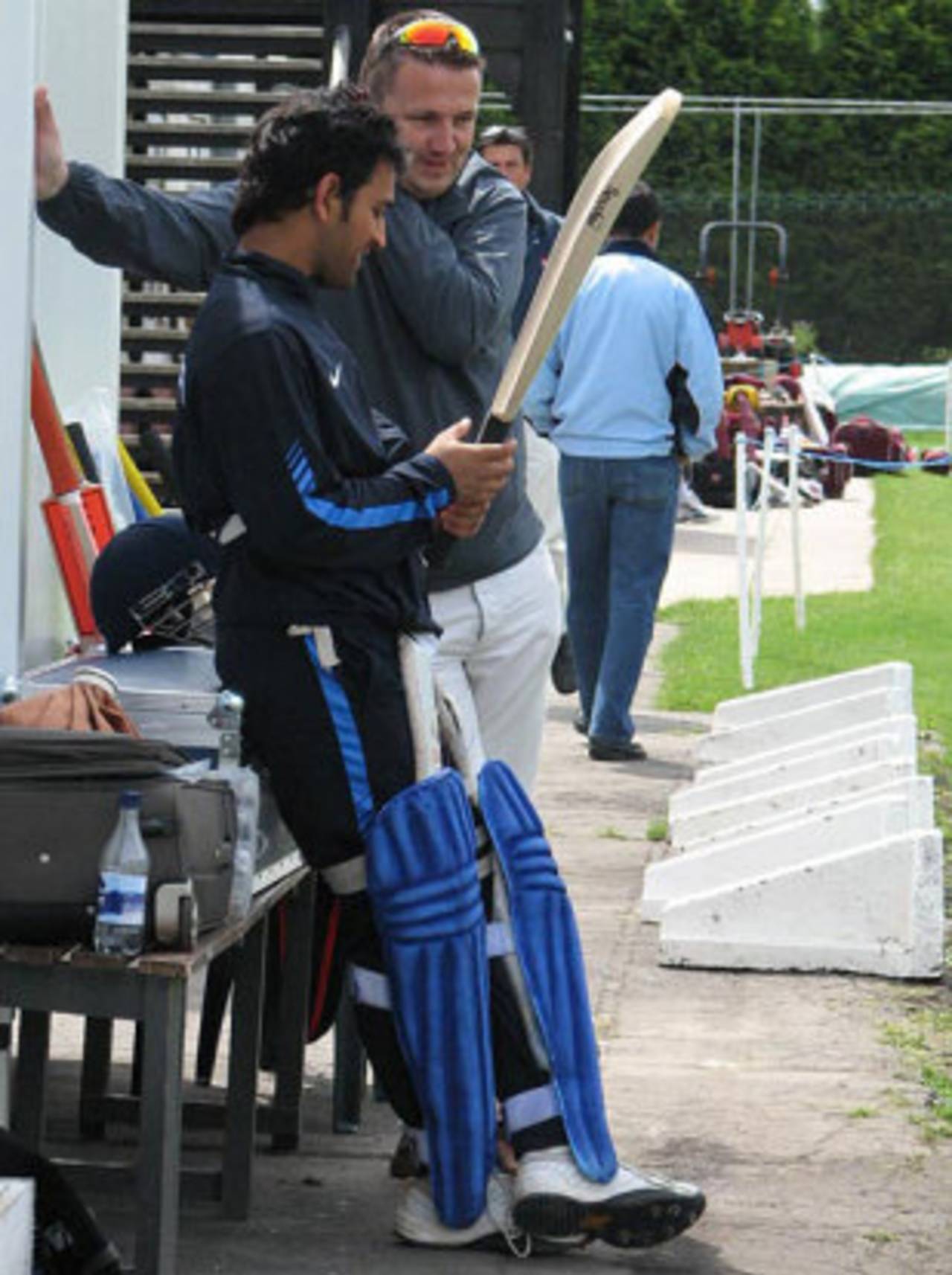MS Dhoni inspects a bat, ICC World Twenty20, Trent Bridge, June 8, 2009