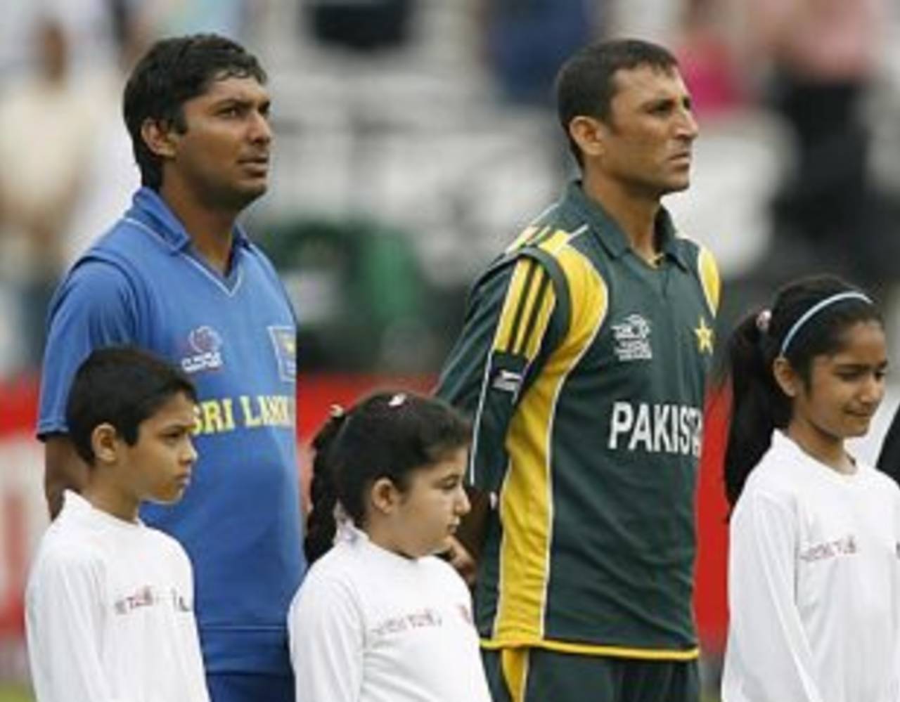 Kumar Sangakkara and Younis Khan stand alongside each other for the national anthems&nbsp;&nbsp;&bull;&nbsp;&nbsp;AFP