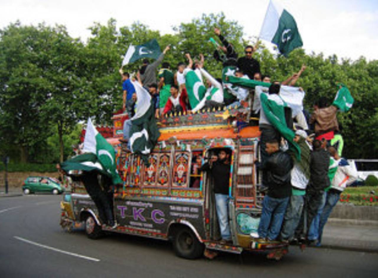 Pakistani fans ride a decorative bus around the streets of St John's Wood after their victory in the World Twenty20 final at Lord's&nbsp;&nbsp;&bull;&nbsp;&nbsp;Getty Images