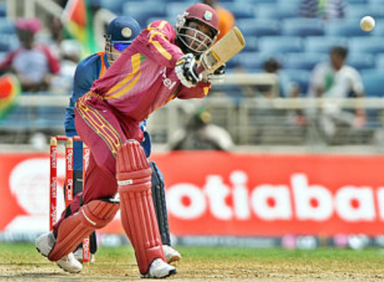 Chris Gayle lunges forward and drives, West Indies v India, 2nd ODI, Kingston, June 28, 2009 