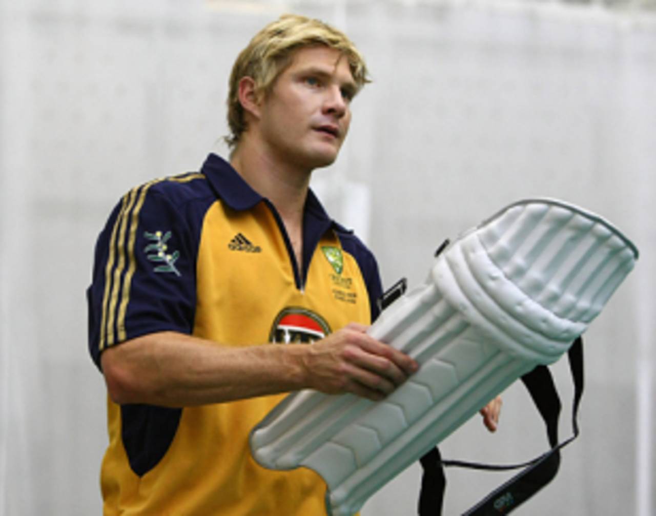 Shane Watson pads up for a hit at the nets, Cardiff, July 6, 2009