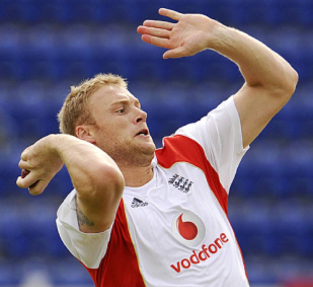 Andrew Flintoff steams in during a net session at Cardiff, England v Australia, 1st Test, Cardiff, July 7, 2009