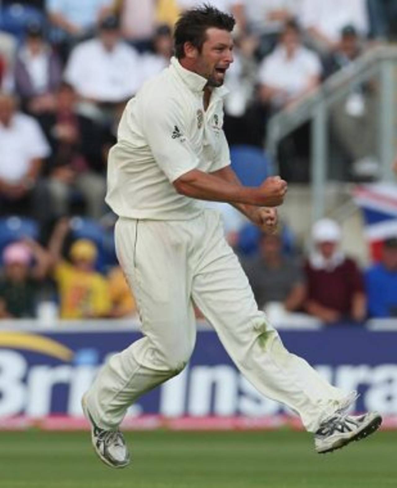 Ben Hilfenhaus is pumped after dismissing Paul Collingwood, England v Australia, 1st Test, Cardiff, 1st day, July 8, 2009