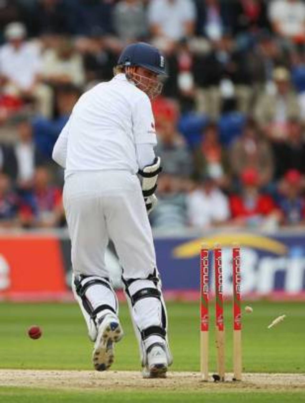 Stuart Broad is bowled off his thigh pad by Mitchell Johnson, England v Australia, 1st Test, Cardiff, 2nd day, July 9, 2009