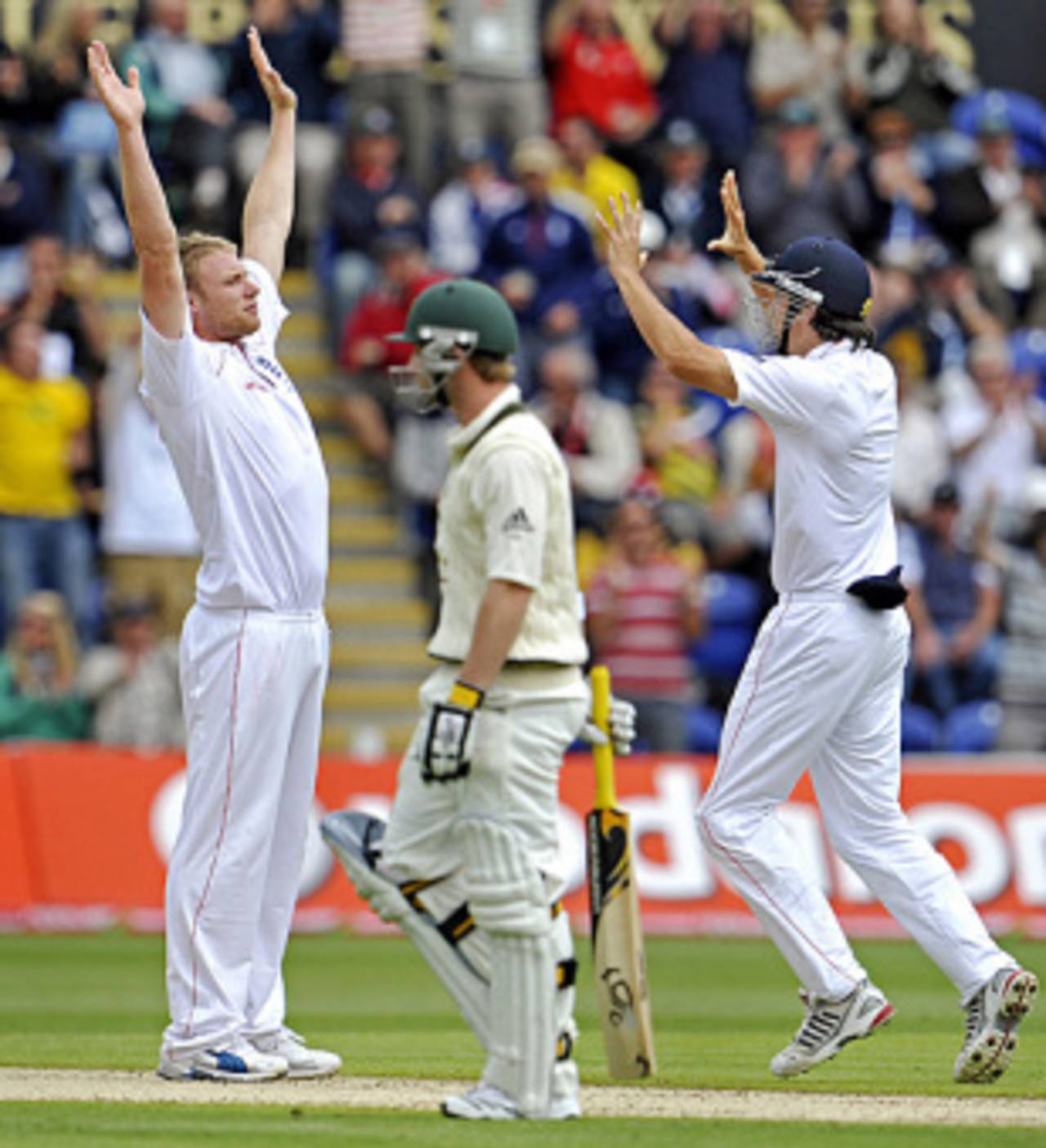 Andrew Flintoff, arms aloft, celebrates the wicket of Phillip Hughes, England v Australia, 1st Test, Cardiff, 2nd day, July 9, 2009