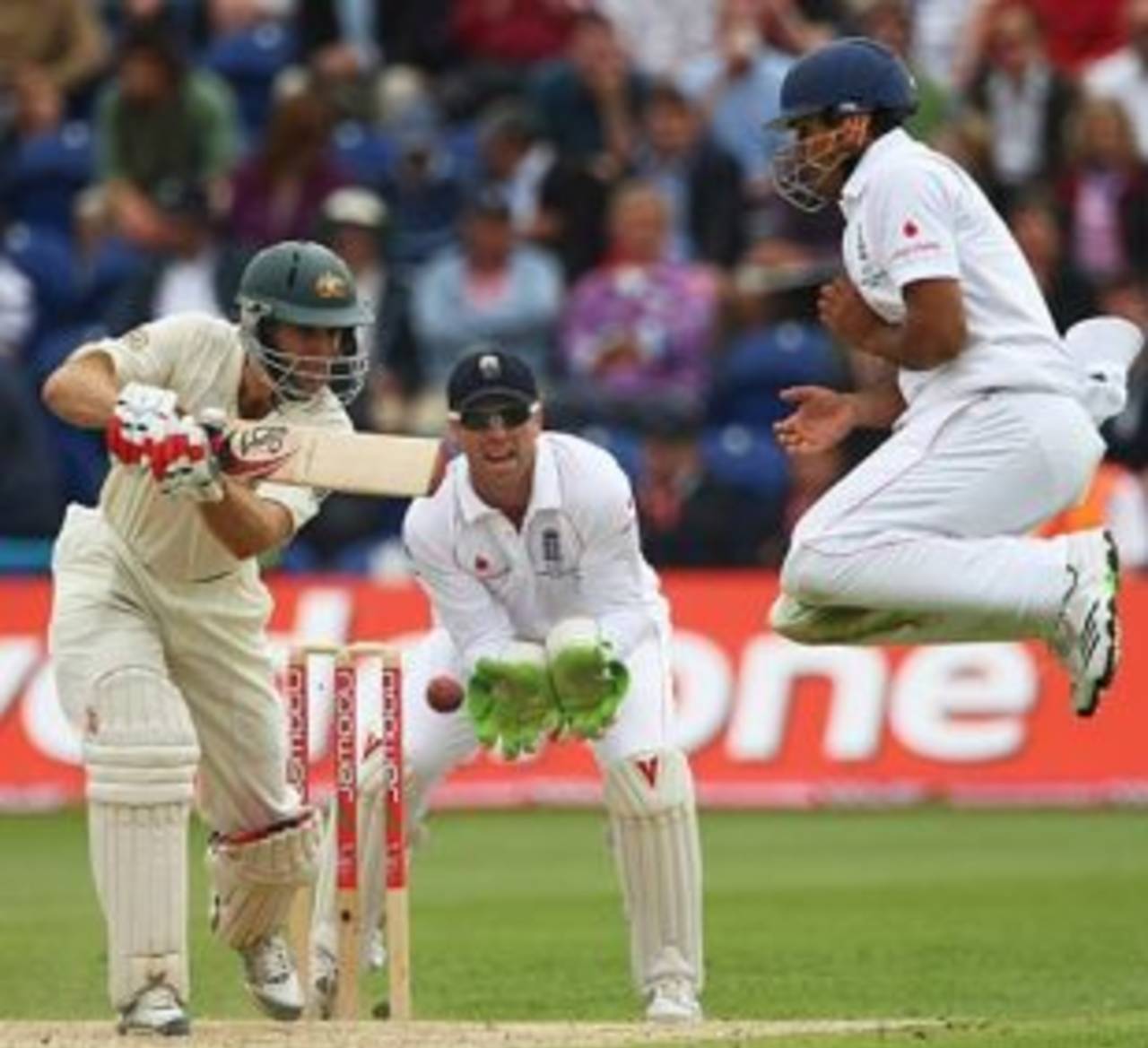 Ravi Bopara jumps to avoid a Simon Katich drive, England v Australia, 1st Test, Cardiff, 2nd day, July 9, 2009