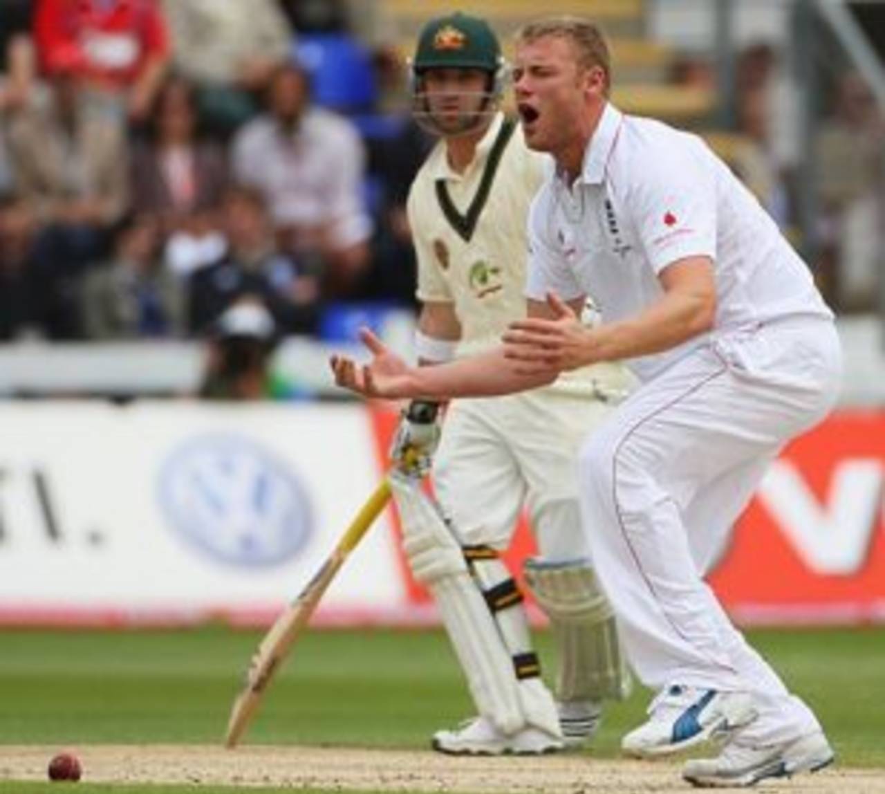 Andrew Flintoff drops a tough chance off Simon Katich, England v Australia, 1st Test, Cardiff, 2nd day, July 9, 2009