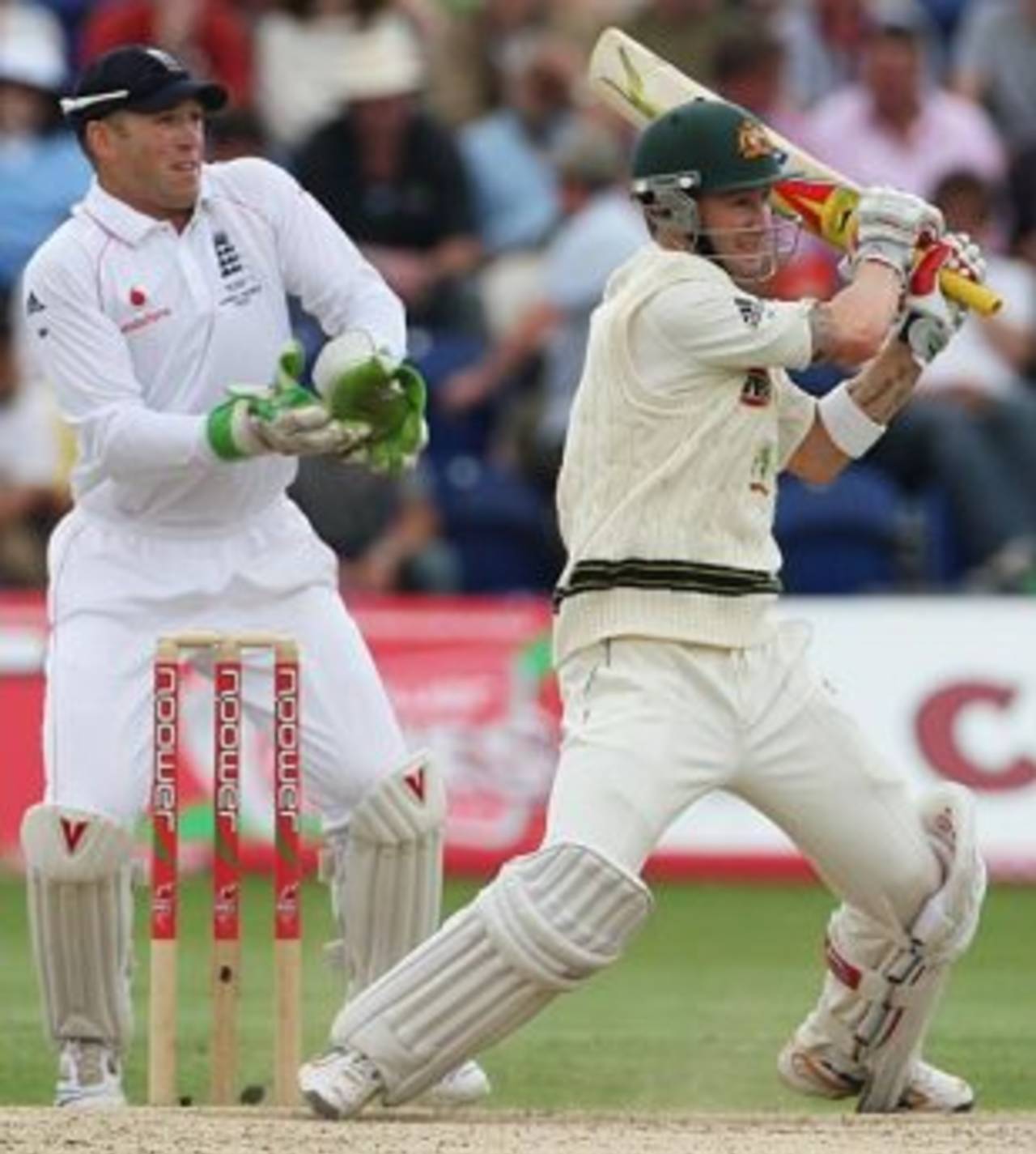 Michael Clarke hits through leg, England v Australia, 1st Test, Cardiff, 3rd day, July 10, 2009