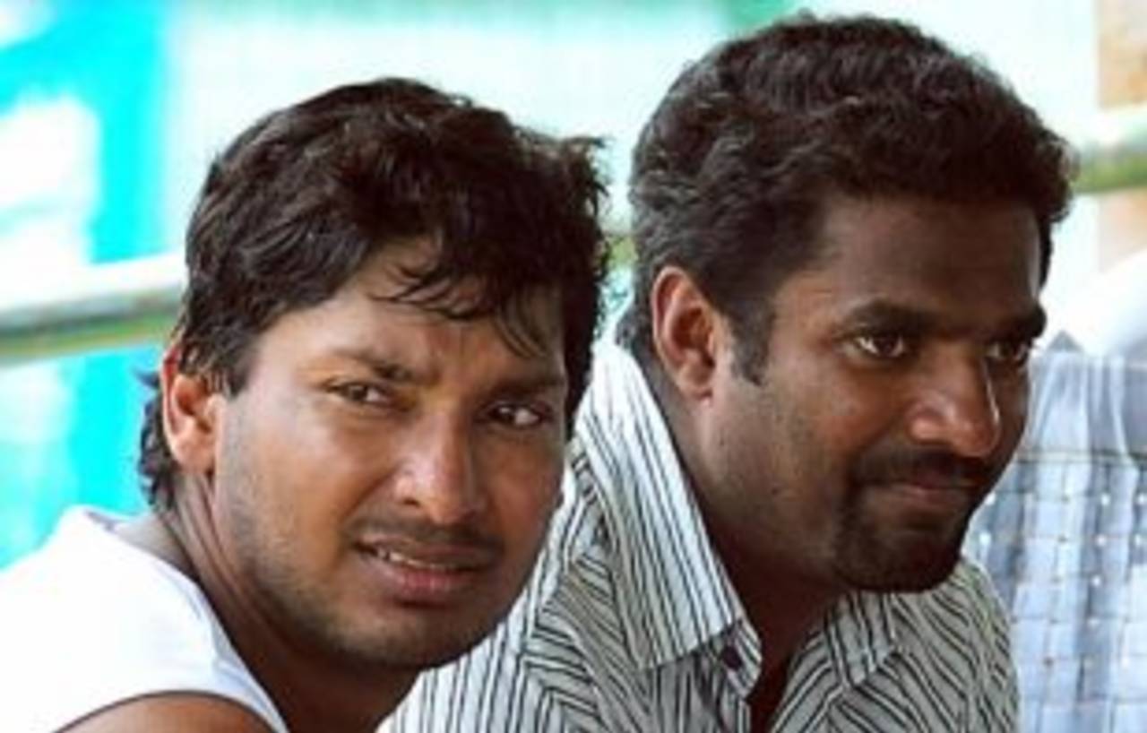 Kumar Sangakkara and Muttiah Muralitharan on the eve of the second Test in Colombo, Colombo, June 11, 2009