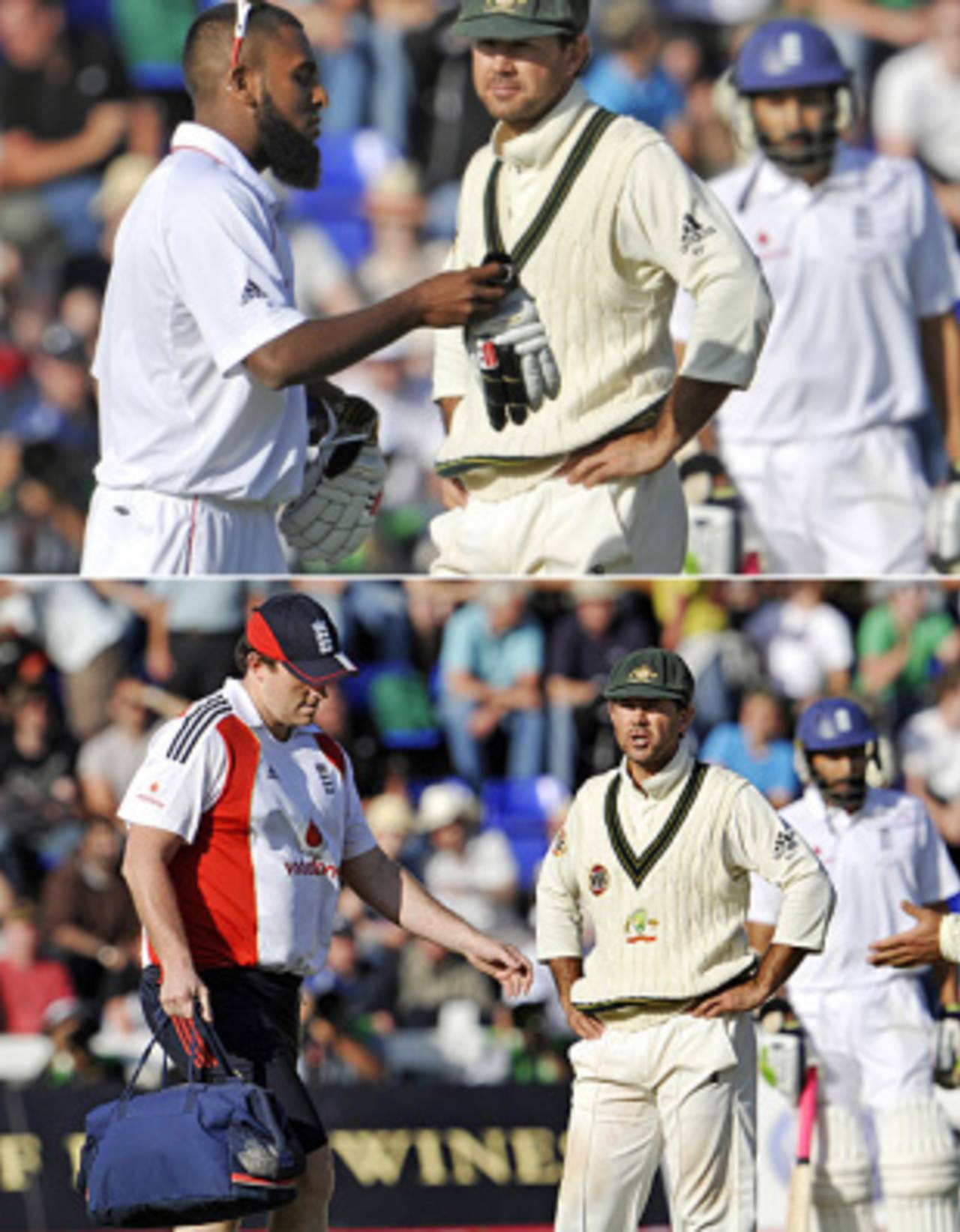Ricky Ponting is not amused as England's 12th man, Bilal Shafayat and their physio interrupt play during the final moments of the first Test, England v Australia, 1st Test, Cardiff, 5th day, July 12, 2009