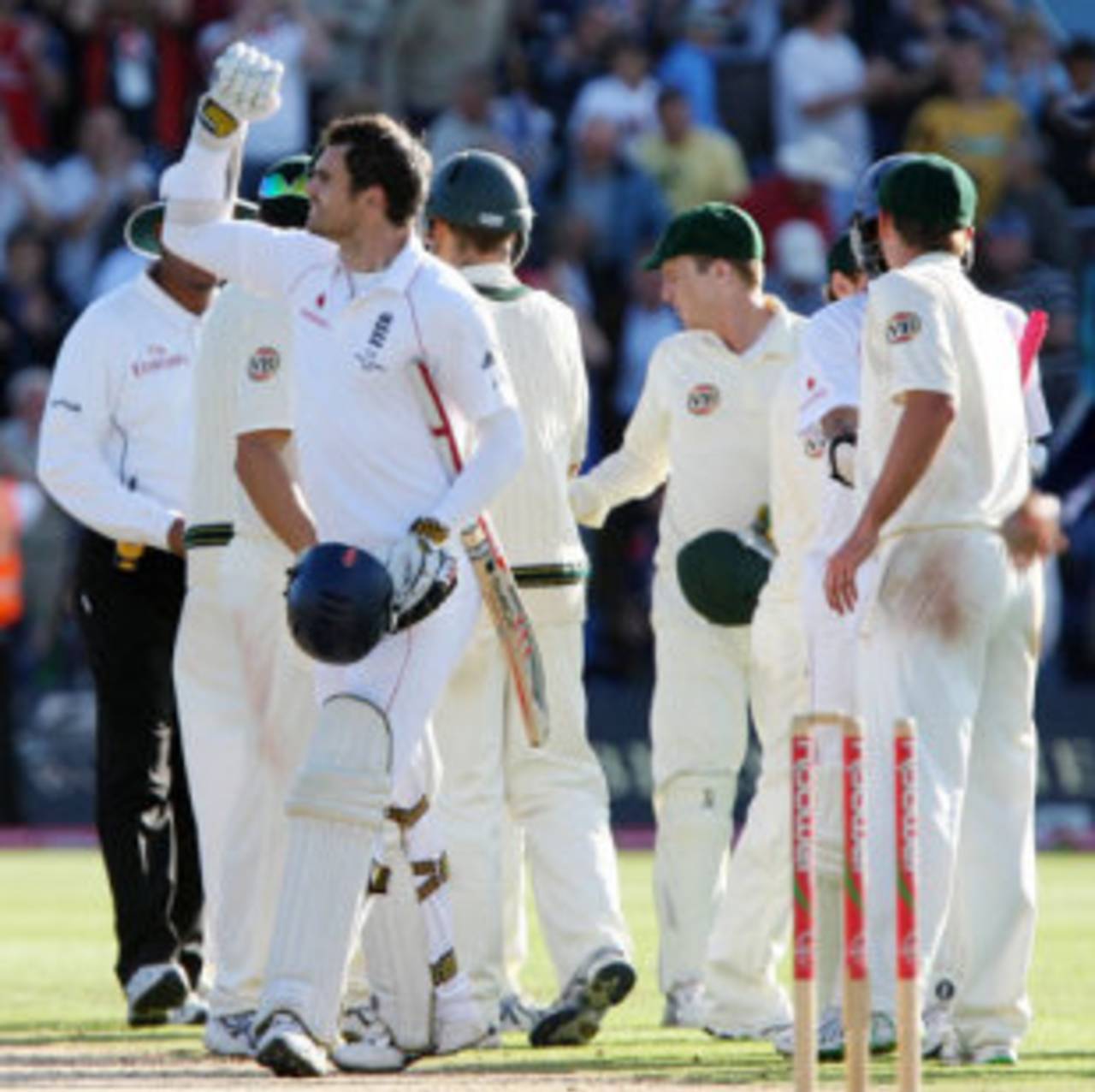 James Anderson celebrates after England's great escape, England v Australia, 1st Test, Cardiff, July 12, 2009