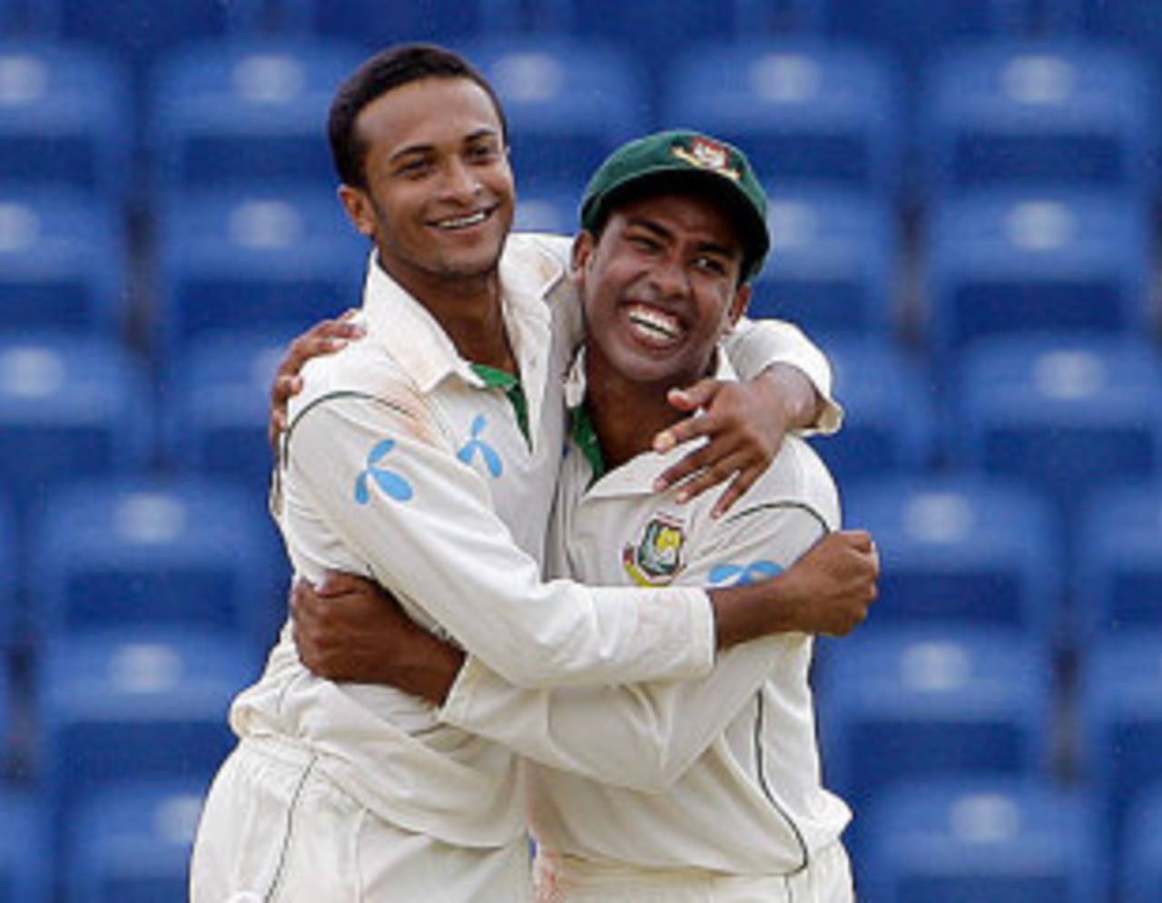 Shakib Al Hasan and Raqibul Hasan embrace as another wicket falls, West Indies v Bangladesh, 2nd Test, Grenada, 1st day, July 17, 2009