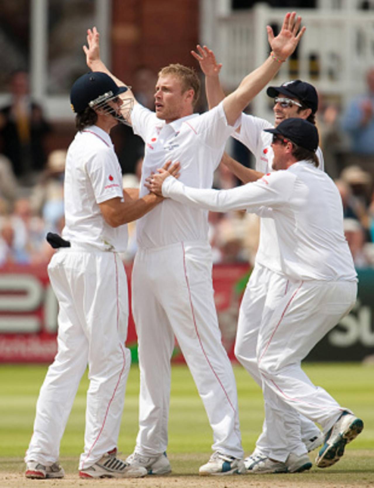 Andrew Flintoff, arms outstretched, celebrates one of his five wickets on his final appearance in a Lord's Test, England v Australia, 2nd Test, Lord's, 5th day, July 20, 2009