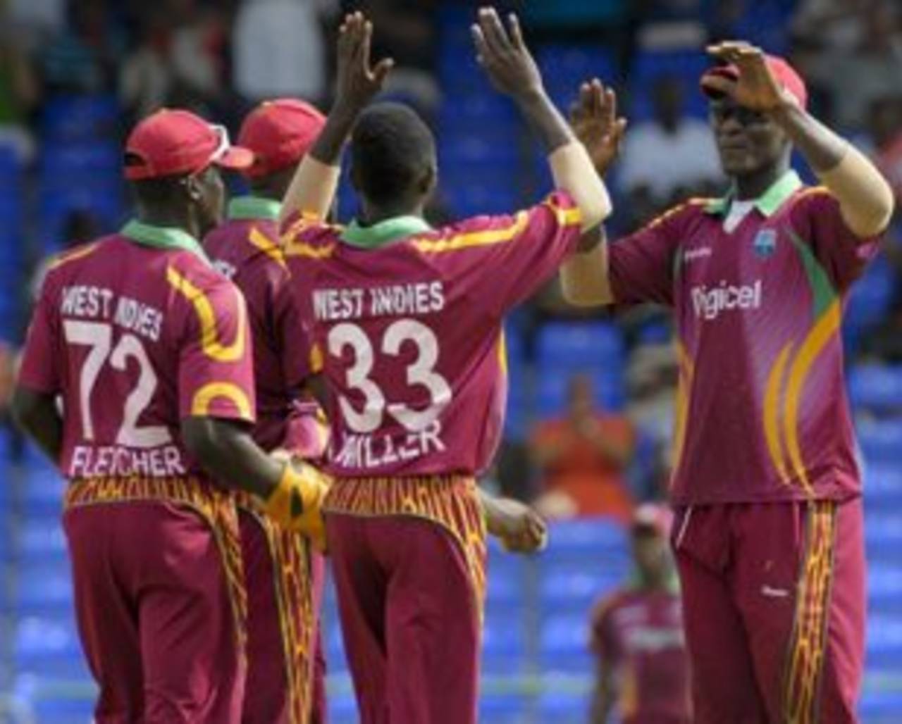 Nikita Miller celebrates one of his two wickets with his team-mates, West Indies v Bangladesh, Only Twenty20 international, St Kitts, August 2, 2009