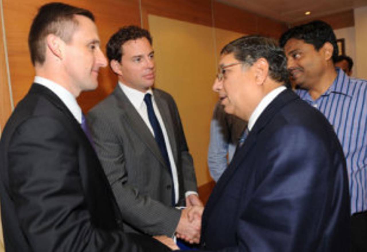 From left: The ICC's Media and Communications manager Brian Murgatroyd and legal head Ian Higgins greet the BCCI's secretary N Srinivasan and chief administrative officer Ratnakar Shetty after an emergency session to discuss Indian cricketers' refusal to sign the World Anti-Doping Agency agreement, Mumbai, August 2, 2009