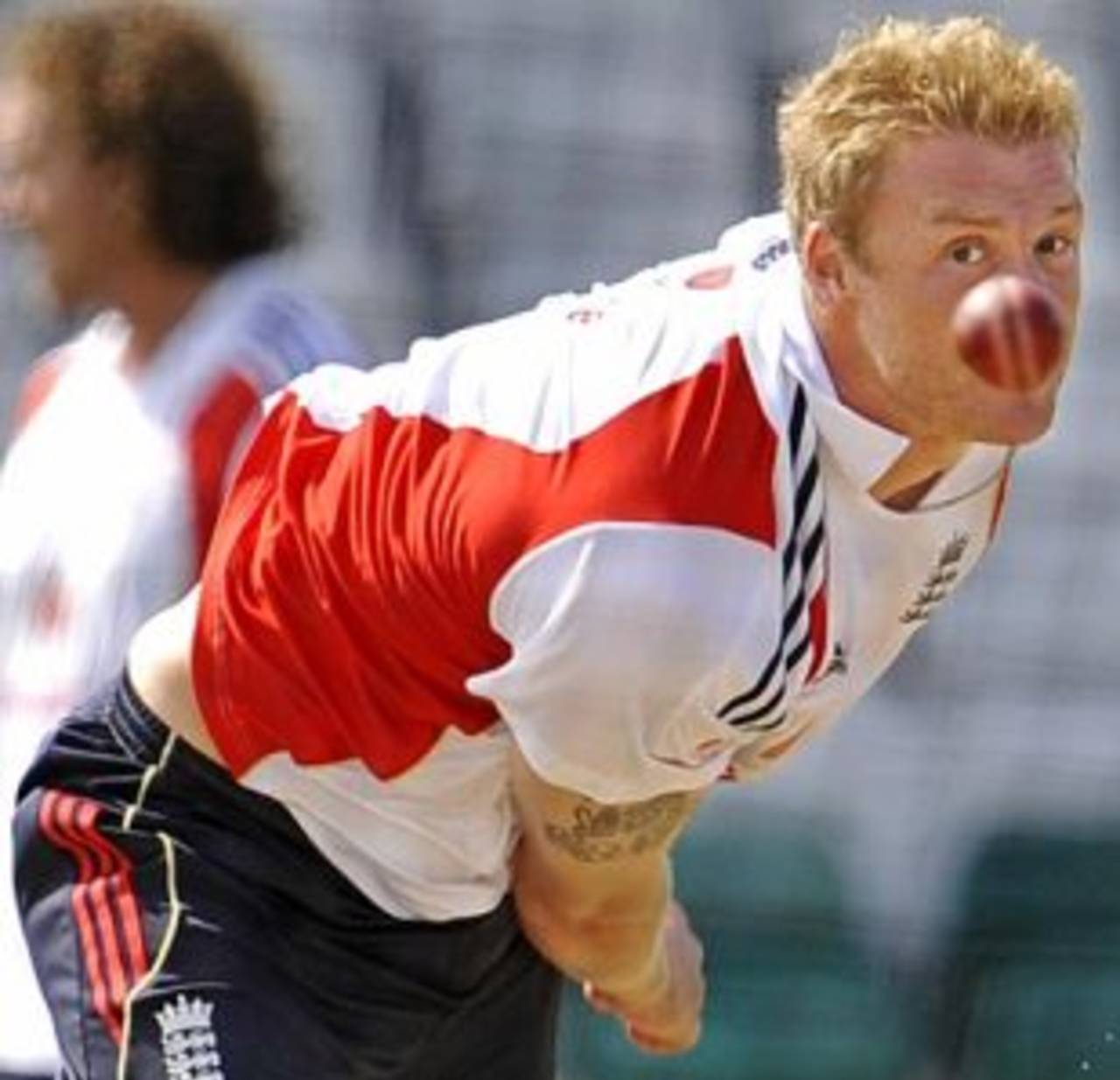 Andrew Flintoff bowls on the eve of the fourth Test, Headingley, August 6, 2009