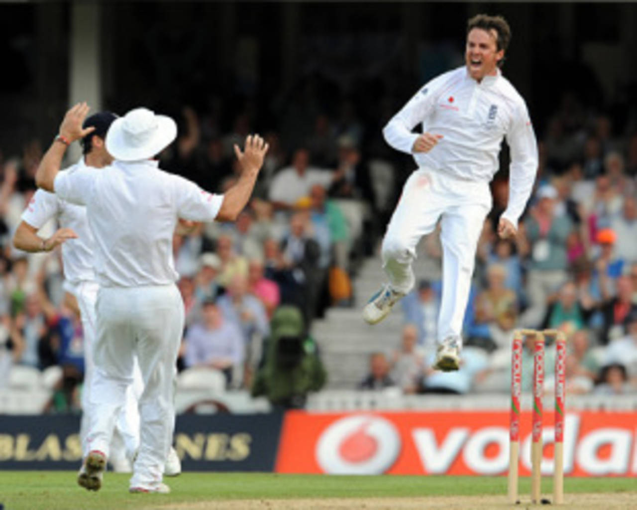 Jumping for joy: Graeme Swann dismisses Simon Katich, England v Australia, 5th Test, The Oval, 2nd day, August 21, 2009