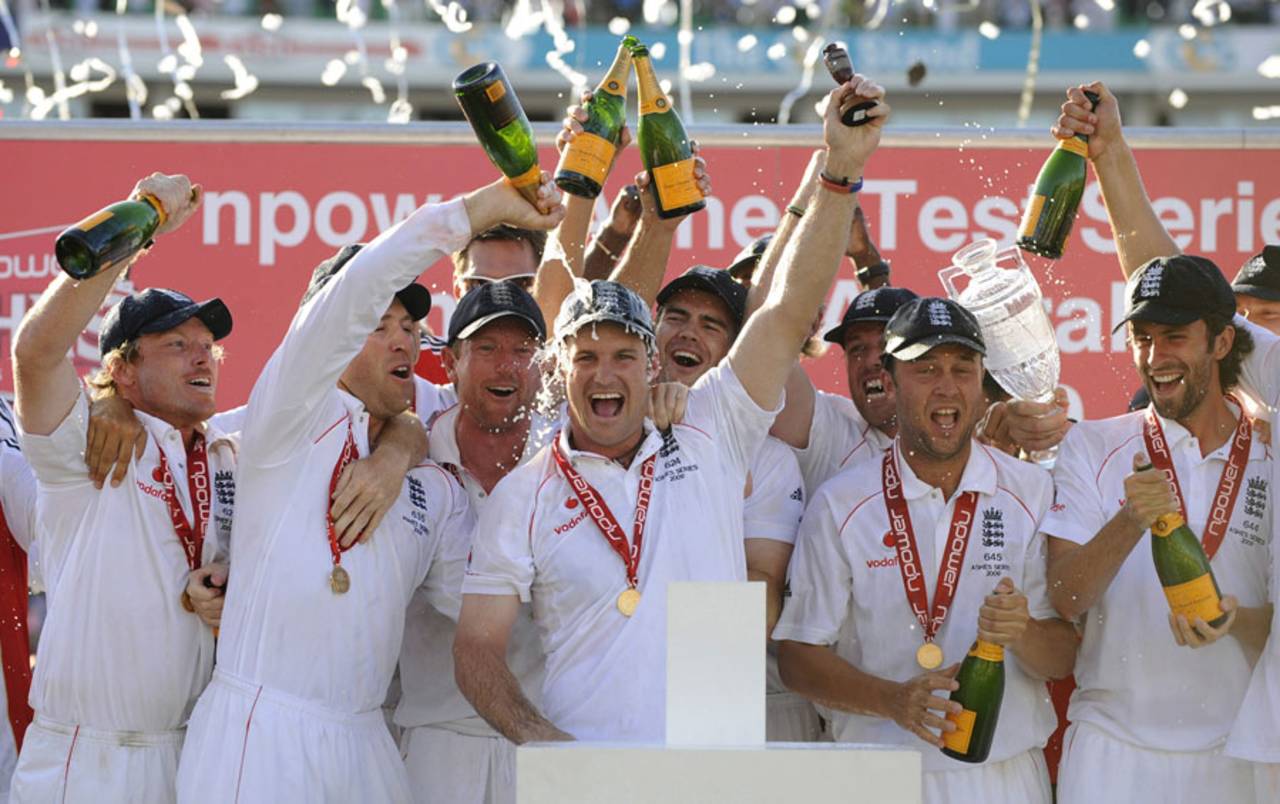 The England team celebrate with champagne, England v Australia, 5th Test, The Oval, 4th day, August 23, 2009