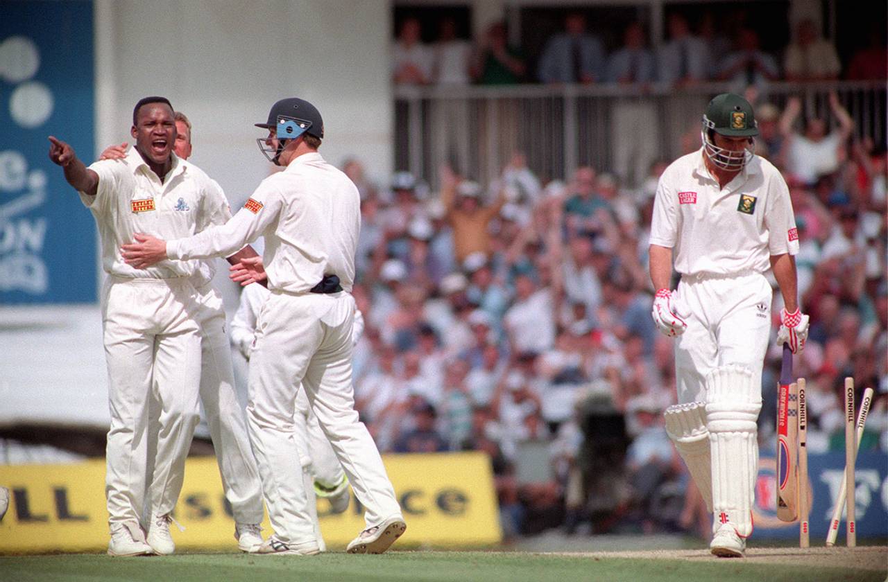 Devon Malcolm points to the dressing room after yorking Hansie Cronje, England v South Africa, 3rd Test, The Oval, 3rd day, August 20, 1994