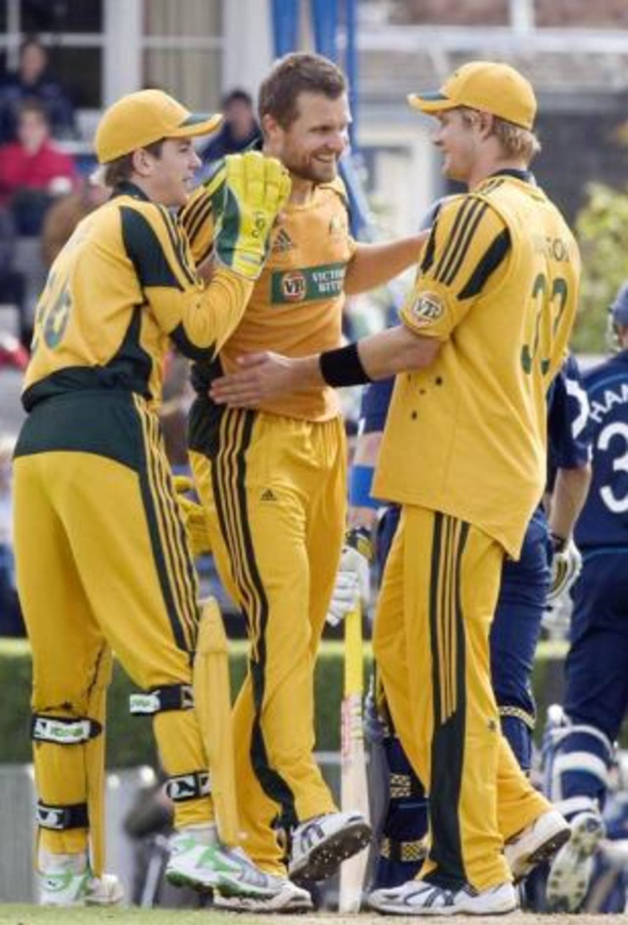 Dirk Nannes is congratulated after taking his first ODI wicket, Australia v Scotland, Only ODI, Edinburgh, August 28, 2009